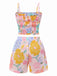 2PCS Rosa 1960er Blumen Drucken Rüschen Spaghetti Träger Camisole & Kurze Hosen
