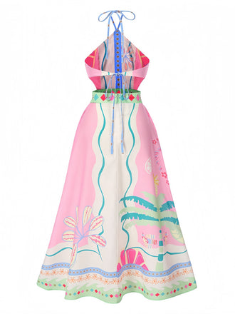 Rosa 1970er Rundhal Halter Tropisch Boho Kleid