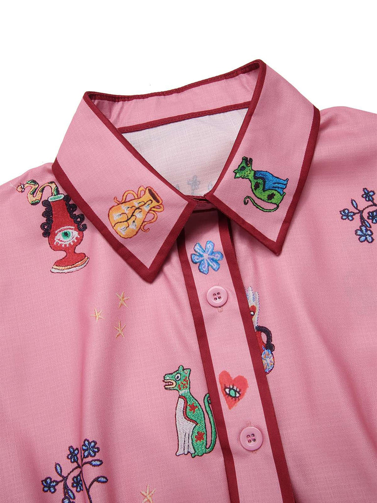 Rosa 1960er Blumen Drucken Revers Gürtel Kleid