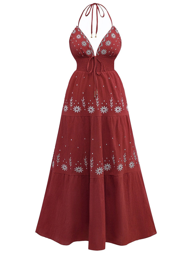 1930er Besticktes Blumen Tief V-Ausschnitt Texturiert Kleid