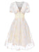 Weiß 1950er Tief V-Ausschnitt Besticktes Blumen Kleid