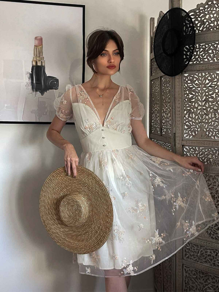 Weiß 1950er Tief V-Ausschnitt Besticktes Blumen Kleid