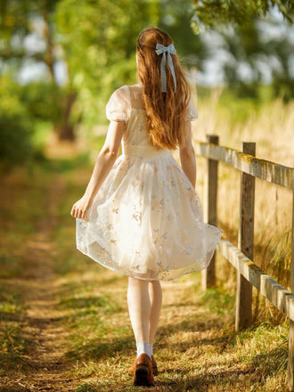 Weiß 1950er Tief V-Ausschnitt Besticktes Blumen Kleid