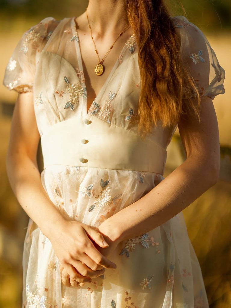 Weiß 1950er Tief V-Ausschnitt Besticktes Blumen Kleid