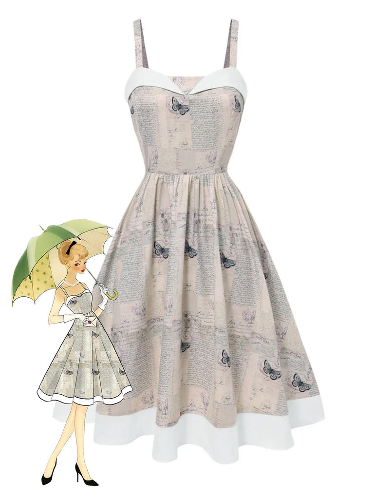 Khaki 1950er Zeitung Schmetterling Patchwork Kleid