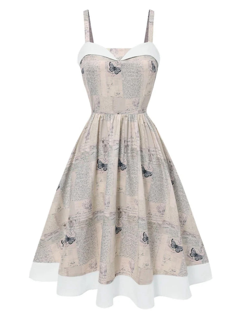 Khaki 1950er Zeitung Schmetterling Patchwork Kleid