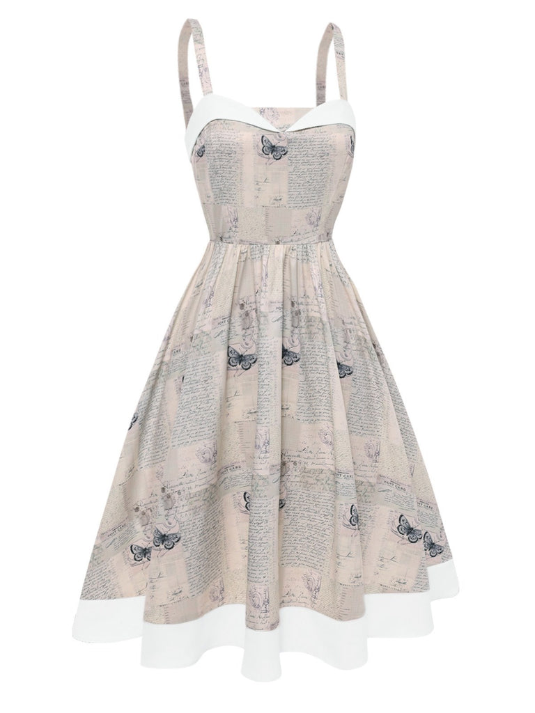 Khaki 1950er Zeitung Schmetterling Patchwork Kleid
