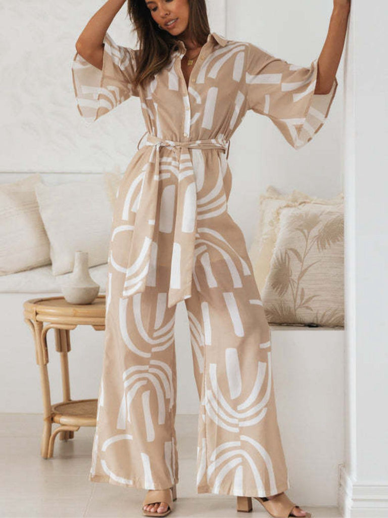 Khaki 1930er Geometrisch Gedruckt Halbe Ärmel Revers Jumpsuit