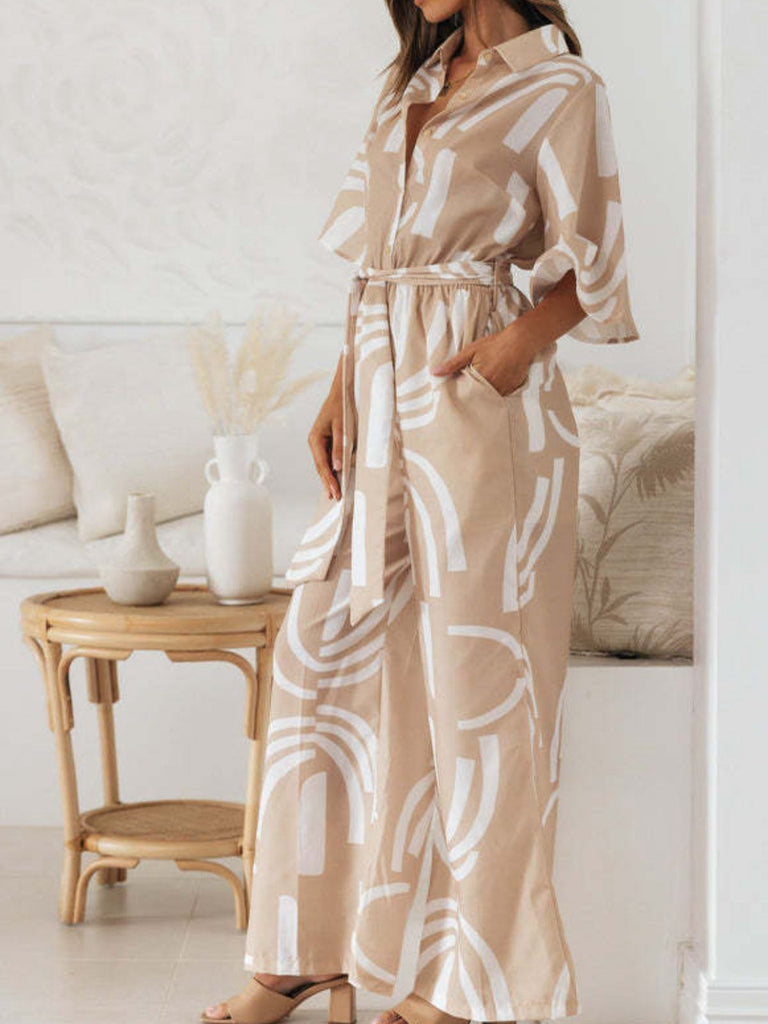 Khaki 1930er Geometrisch Gedruckt Halbe Ärmel Revers Jumpsuit