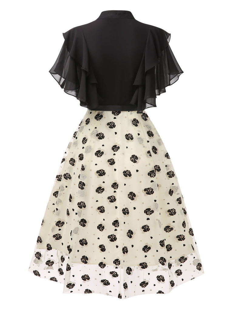 Schwarz 1950er 3D Blumen Rüschen Kleid