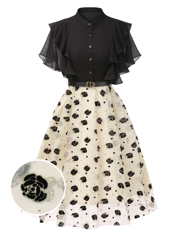 Schwarz 1950er 3D Blumen Rüschen Kleid