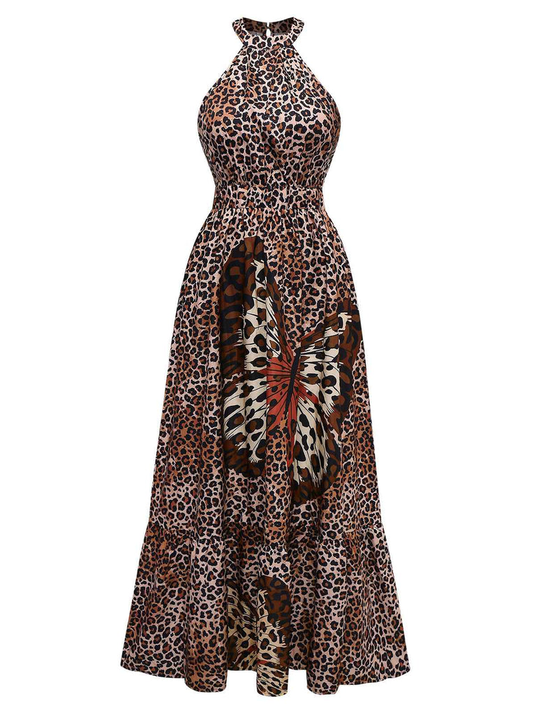 Braun 1930er Leopard Schmetterling Rundhals Halter Kleid