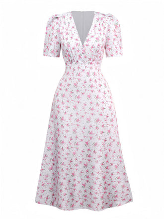 Lavendel 1940er Kleine Blumen V-Ausschnitt Puffärmel Kleid