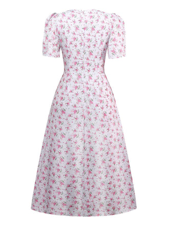 Lavendel 1940er Kleine Blumen V-Ausschnitt Puffärmel Kleid