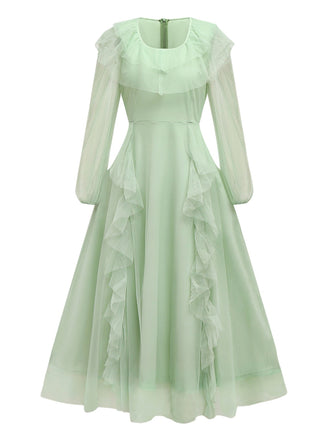 Grün 1930er Solide Netz Rüschen Illusion Ärmel Kleid