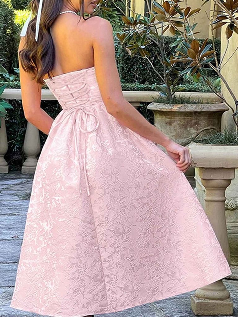 1950er Solide Jacquard Blumen Bandeau Schnürung Kleid