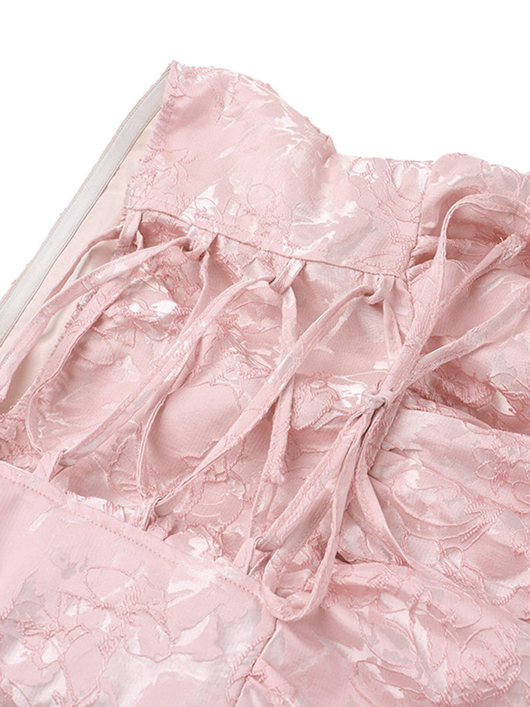 1950er Solide Jacquard Blumen Bandeau Schnürung Kleid