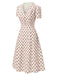Beige 1940er Puffärmel Revers Blumen Kleid