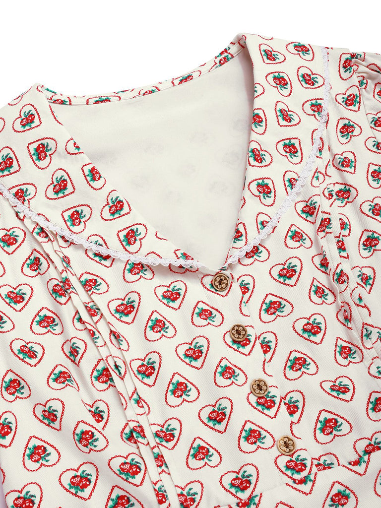 Beige 1940er Puffärmel Revers Blumen Kleid