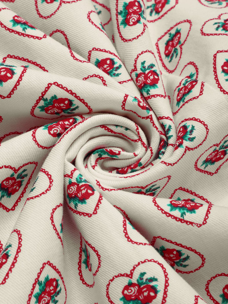 Beige 1940er Puffärmel Revers Blumen Kleid