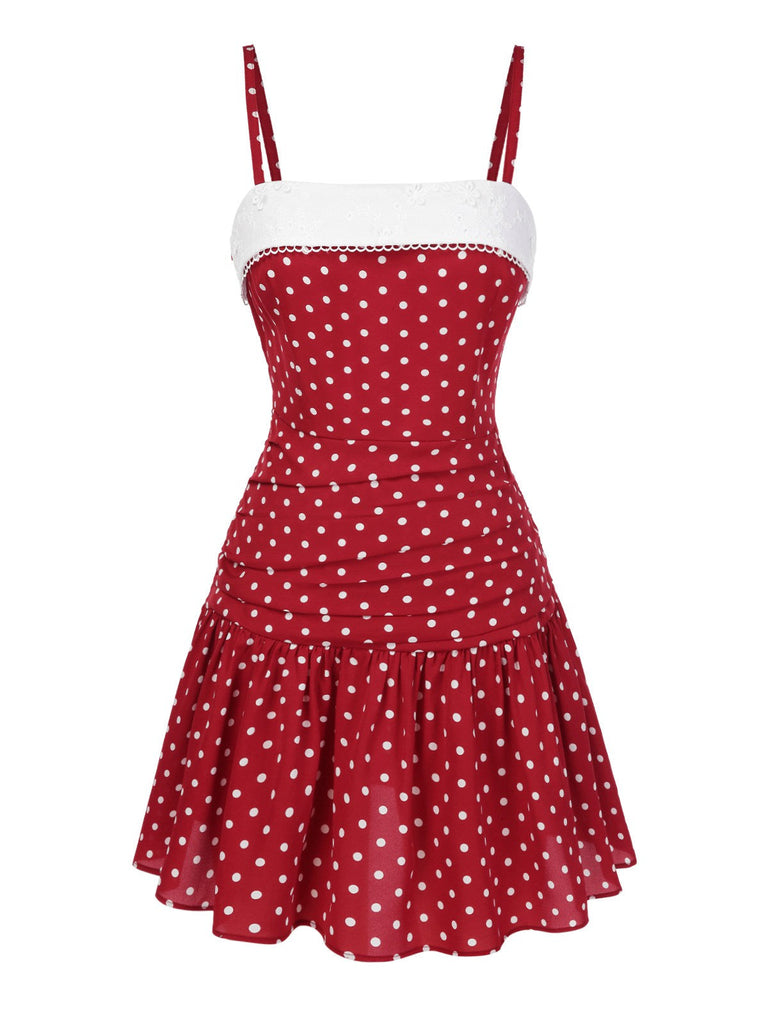 Rot 1960er Spitze Patchwork Tupfen Plissiertes Kleid