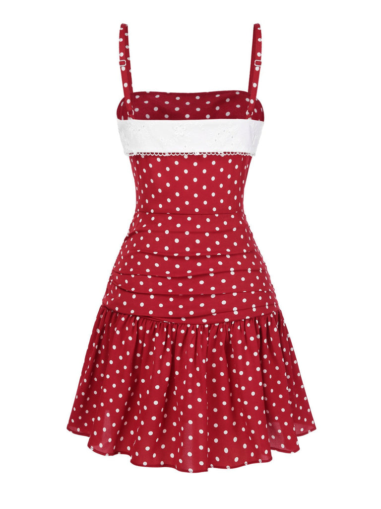 Rot 1960er Spitze Patchwork Tupfen Plissiertes Kleid