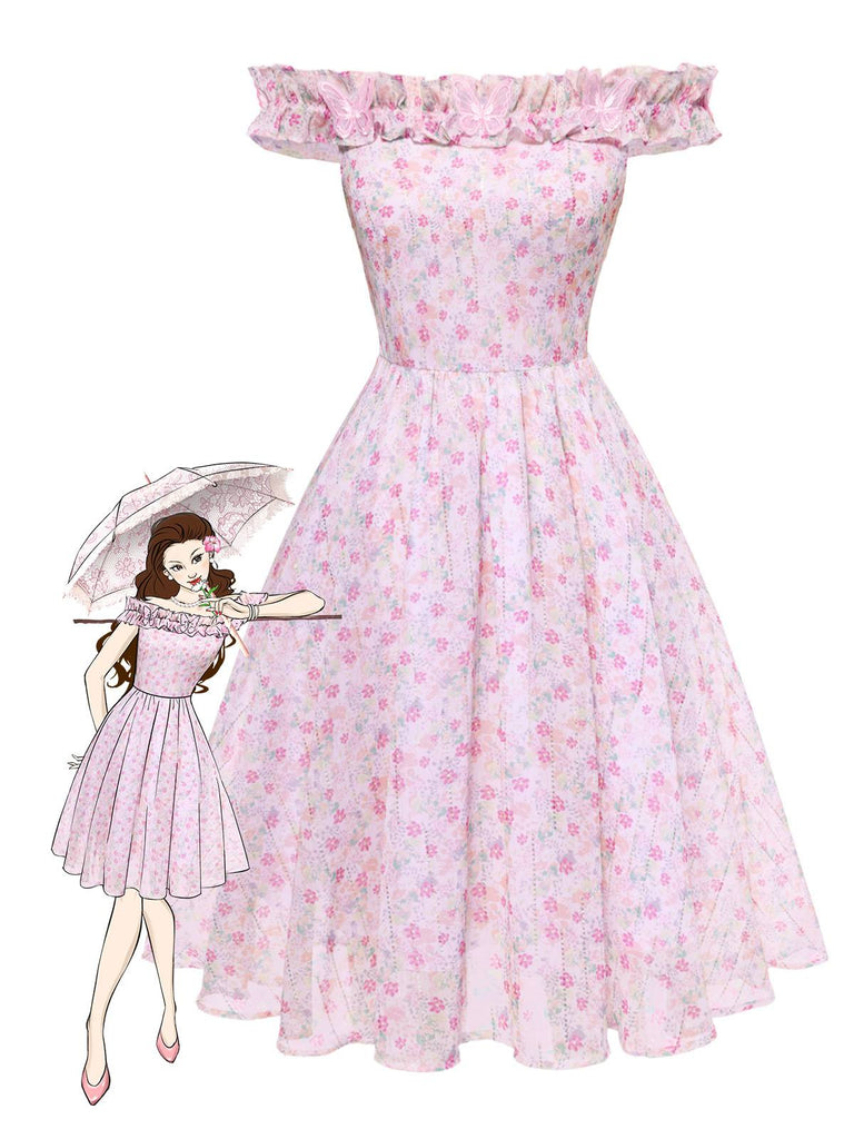 [Vorverkauf] Rosa 1950er Rüschen Schulterfrei Blumen Kleid