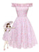[Vorverkauf] Rosa 1950er Rüschen Schulterfrei Blumen Kleid