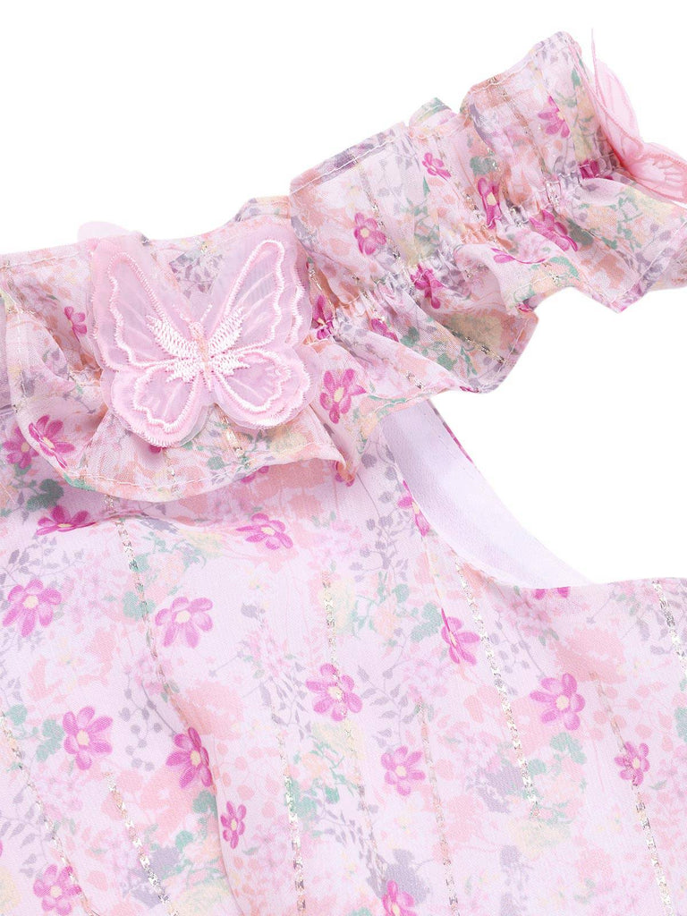 [Vorverkauf] Rosa 1950er Rüschen Schulterfrei Blumen Kleid