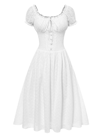 Weiß 1940er Solide Baumwolle Bestickt Spitze Kleid