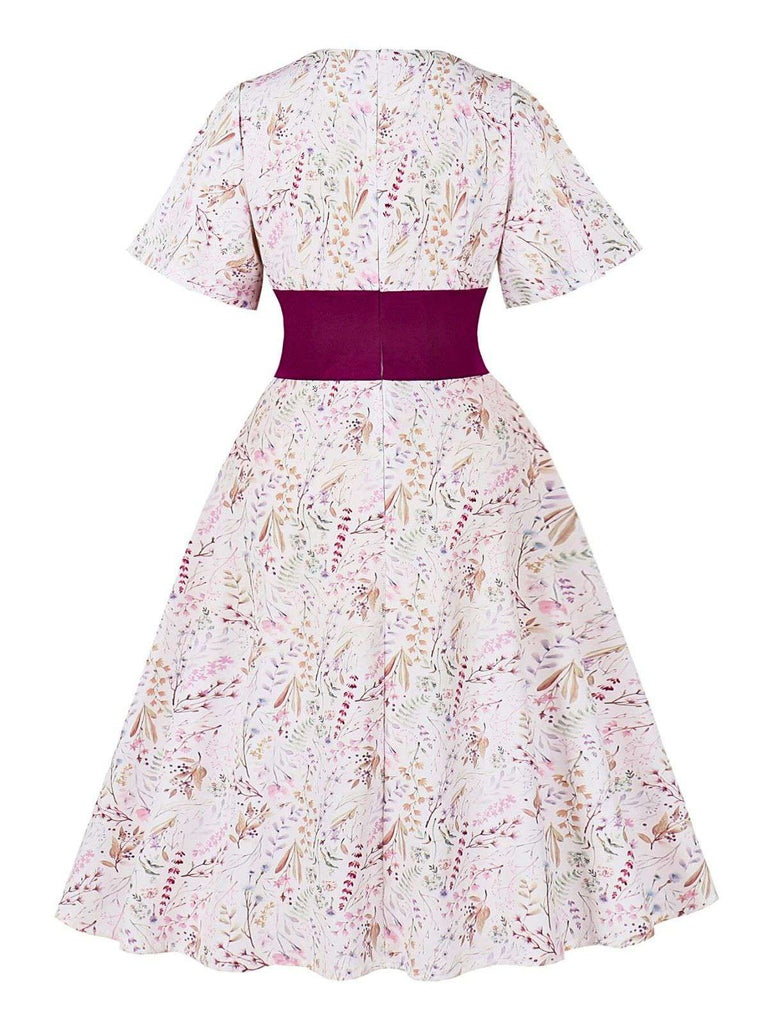 Rosaviolett 1950er Herzförmiger Glockenärmel Blumen Kleid
