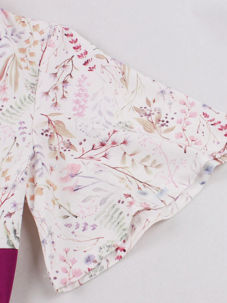 Rosaviolett 1950er Herzförmiger Glockenärmel Blumen Kleid