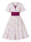 Rosaviolett 1950er Herzförmiger Glockenärmel Blumen Kleid