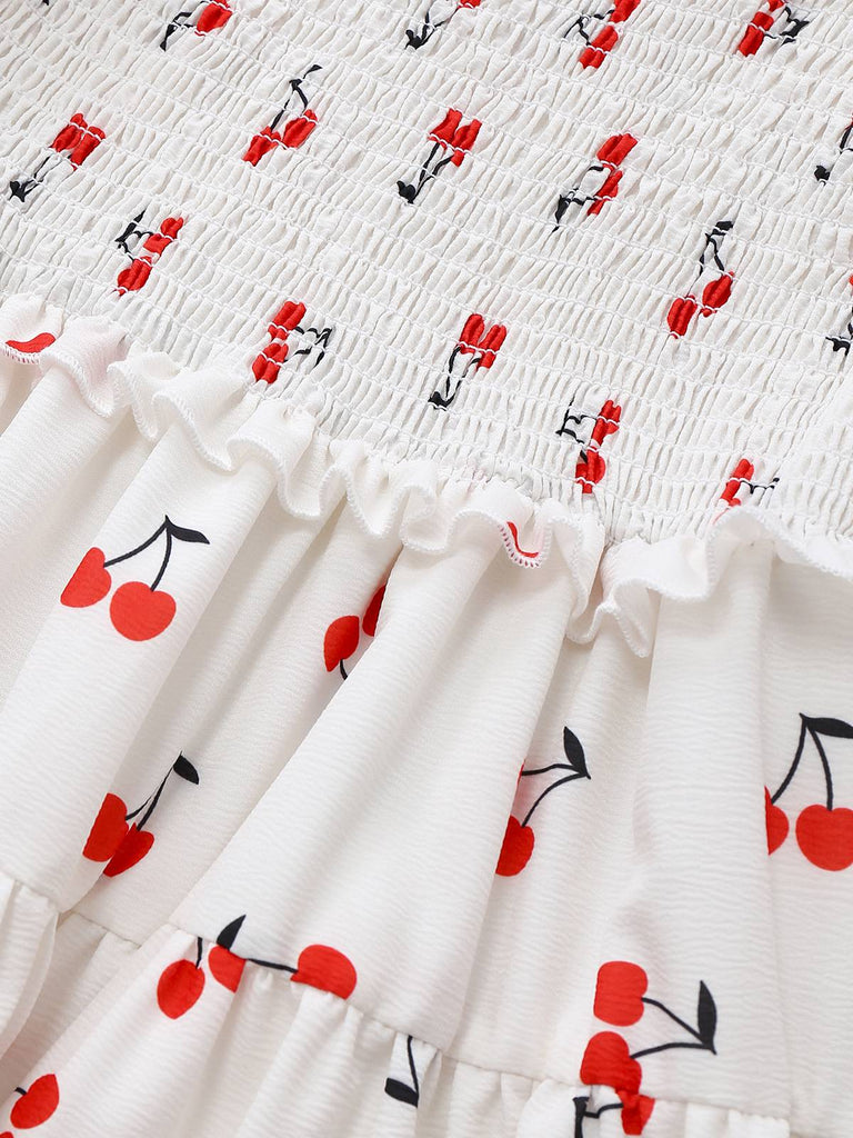 Weiß 1950er Kirsche Puffärmel Gesmokt Kleid