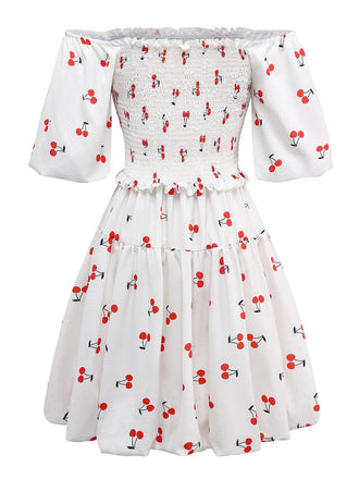 Weiß 1950er Kirsche Puffärmel Gesmokt Kleid