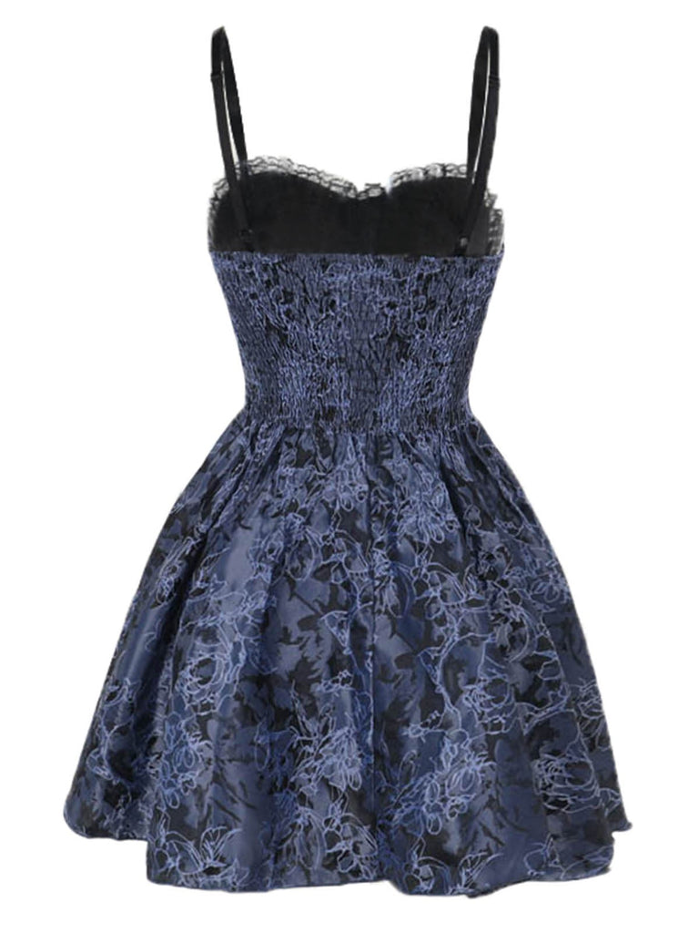 Blau 1980er Gotik Steampunk Blumen Drucken Spitze Patchwork Blase Kleid