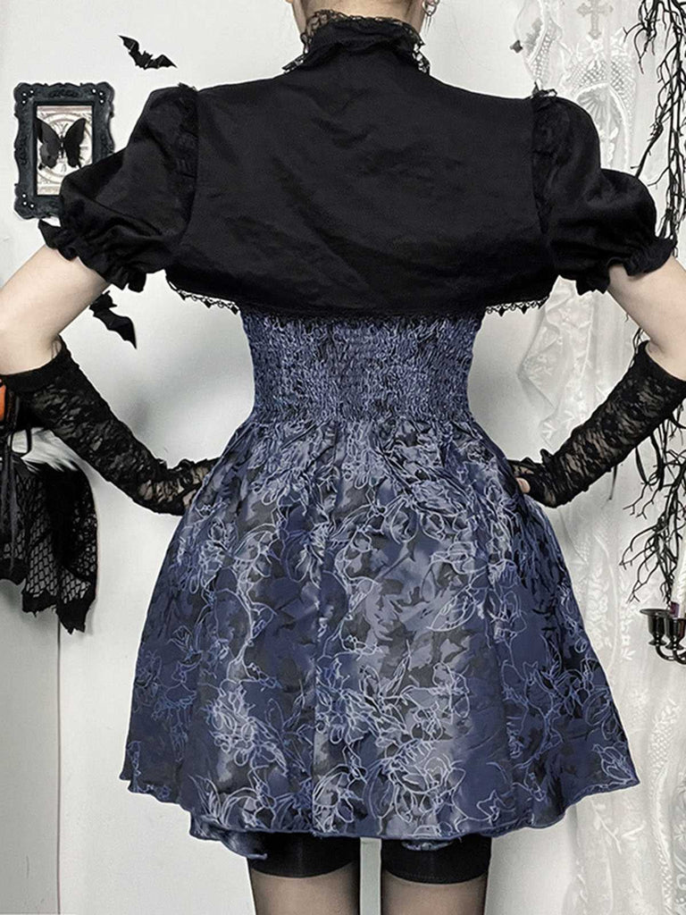 Blau 1980er Gotik Steampunk Blumen Drucken Spitze Patchwork Blase Kleid