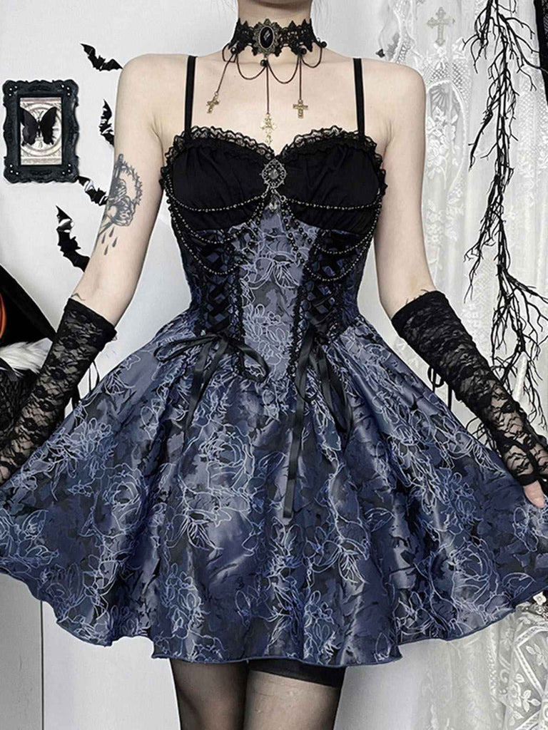 Blau 1980er Gotik Steampunk Blumen Drucken Spitze Patchwork Blase Kleid