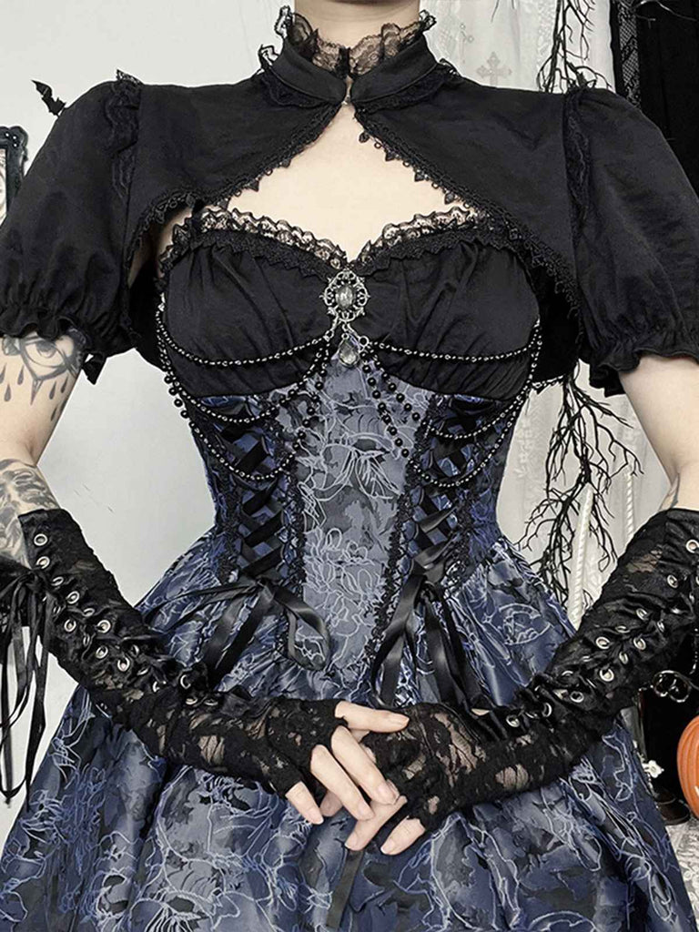 Blau 1980er Gotik Steampunk Blumen Drucken Spitze Patchwork Blase Kleid