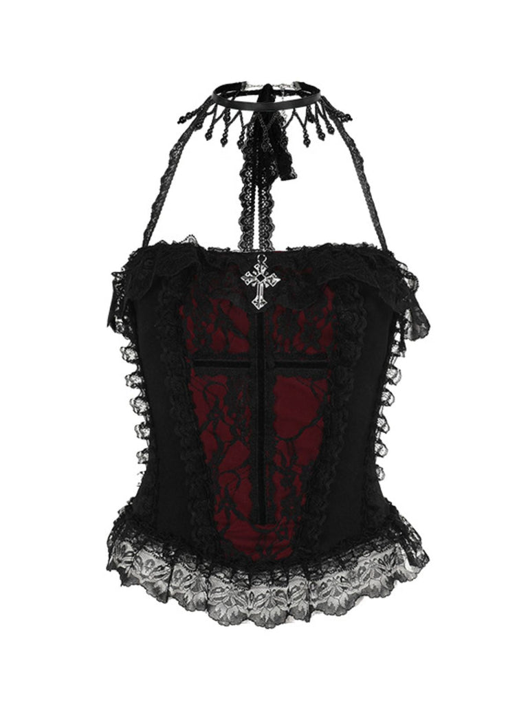 Schwarz 1980er Gothic Steampunk Halter Spitze Kreuz Camisole & Choker