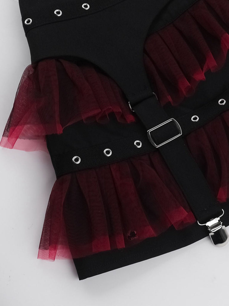 Schwarz 1980er Gothic Steampunk Netz Rüschen Mini Rock