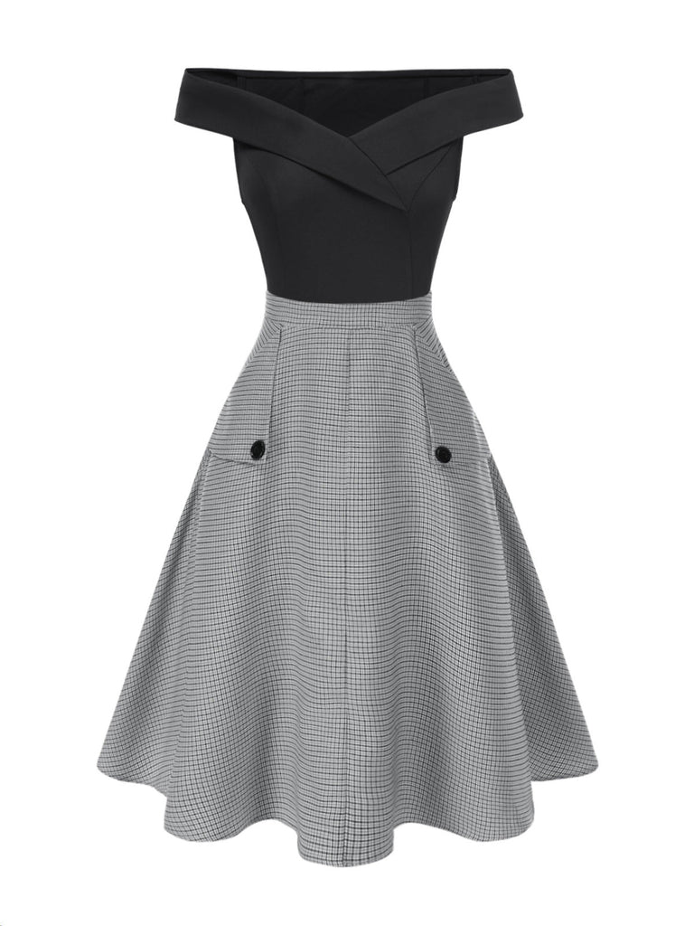 2PCS 1950er Schulterfrei Top & Tasten Plaids Rock