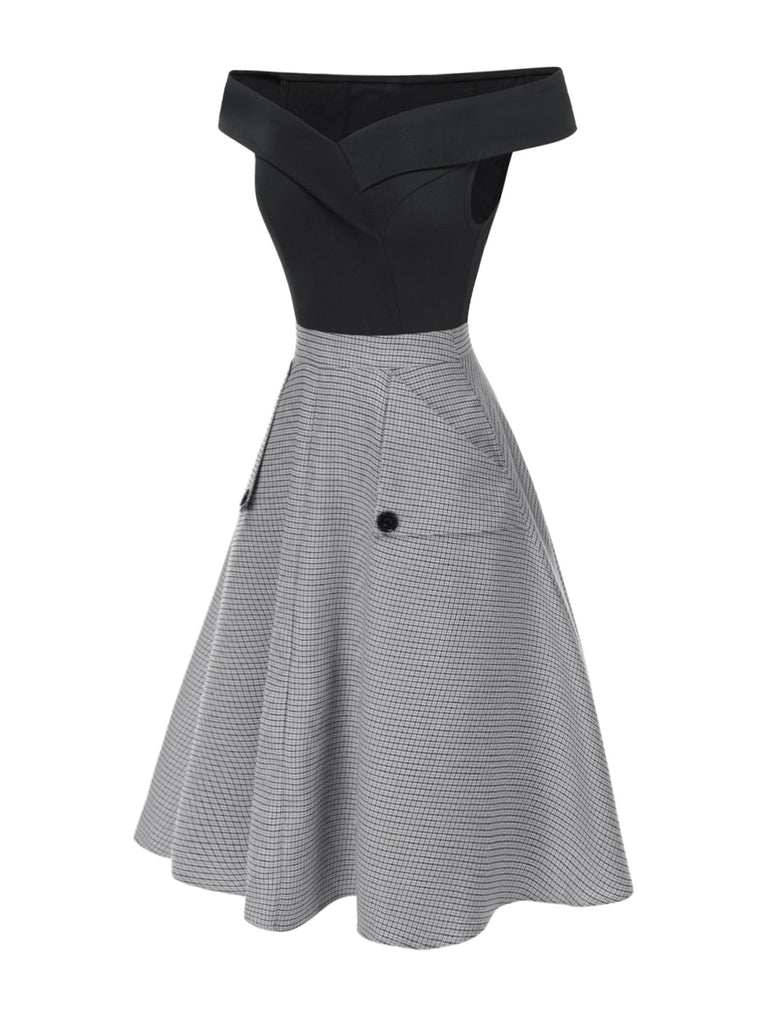 2PCS 1950er Schulterfrei Top & Tasten Plaids Rock