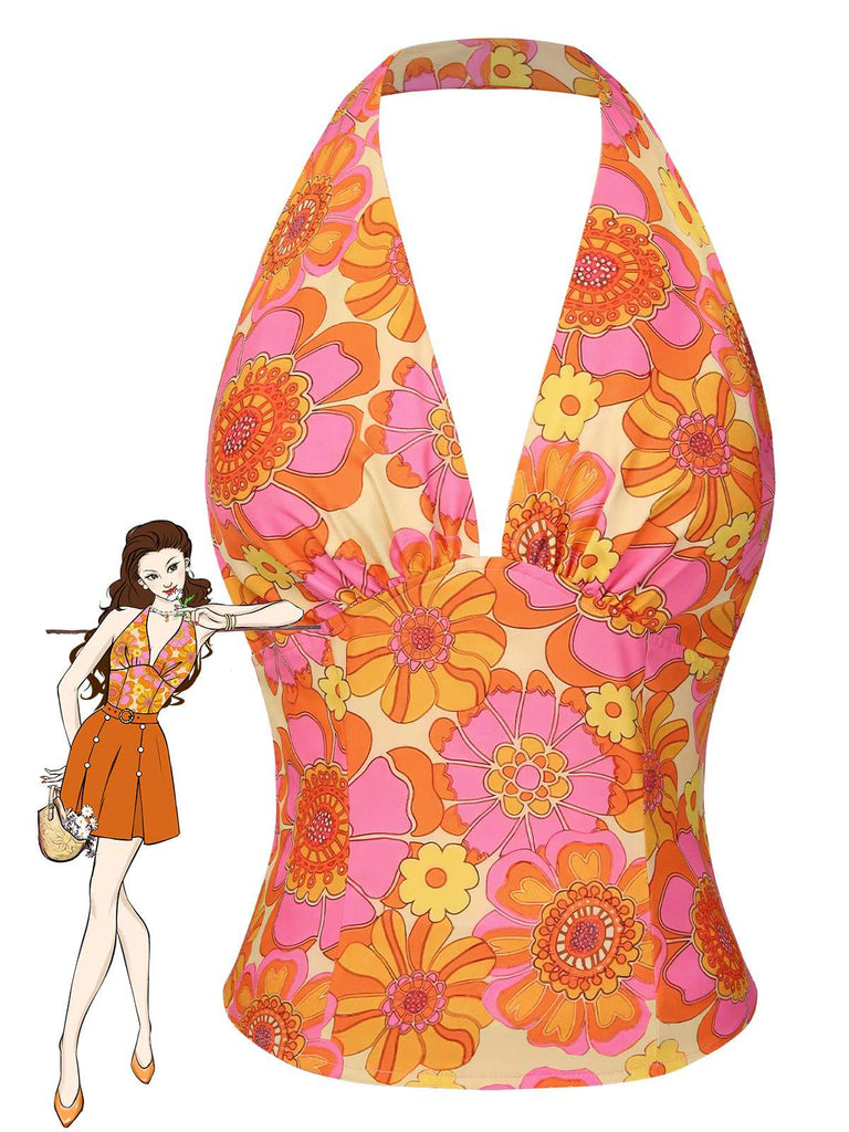 Orange 1960er Hippie Blumen Halfter Top