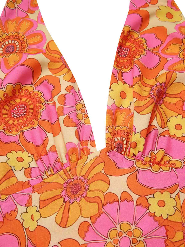 Orange 1960er Hippie Blumen Halfter Top