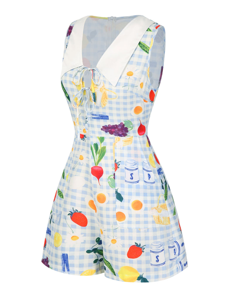 [Vorverkauf] Blau 1970er Plaid Obst & Blumen Romper