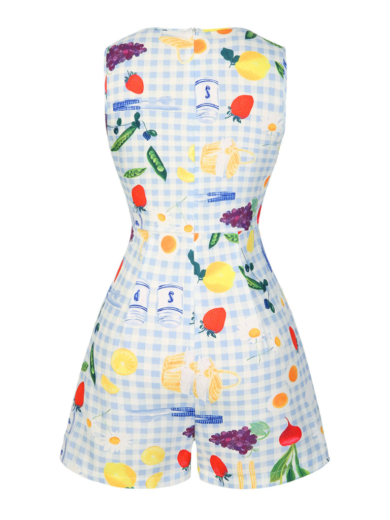 [Vorverkauf] Blau 1970er Plaid Obst & Blumen Romper