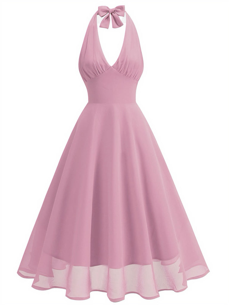 [Vorverkauf] 1950er Solide Halter V-Ausschnitt Netz Rückenfrei Kleid