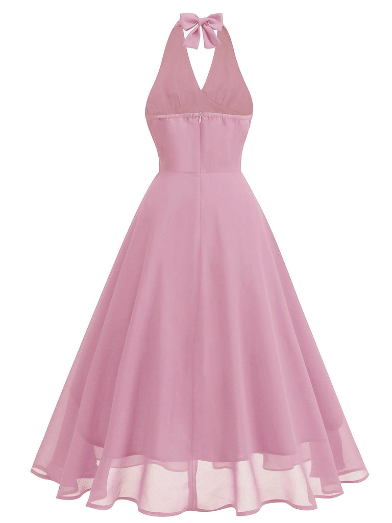 [Vorverkauf] 1950er Solide Halter V-Ausschnitt Netz Rückenfrei Kleid