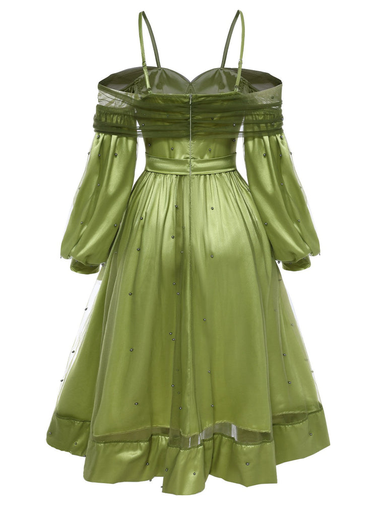 Chartreuse 1950er Perle Netz Patchwork Satin Kleid